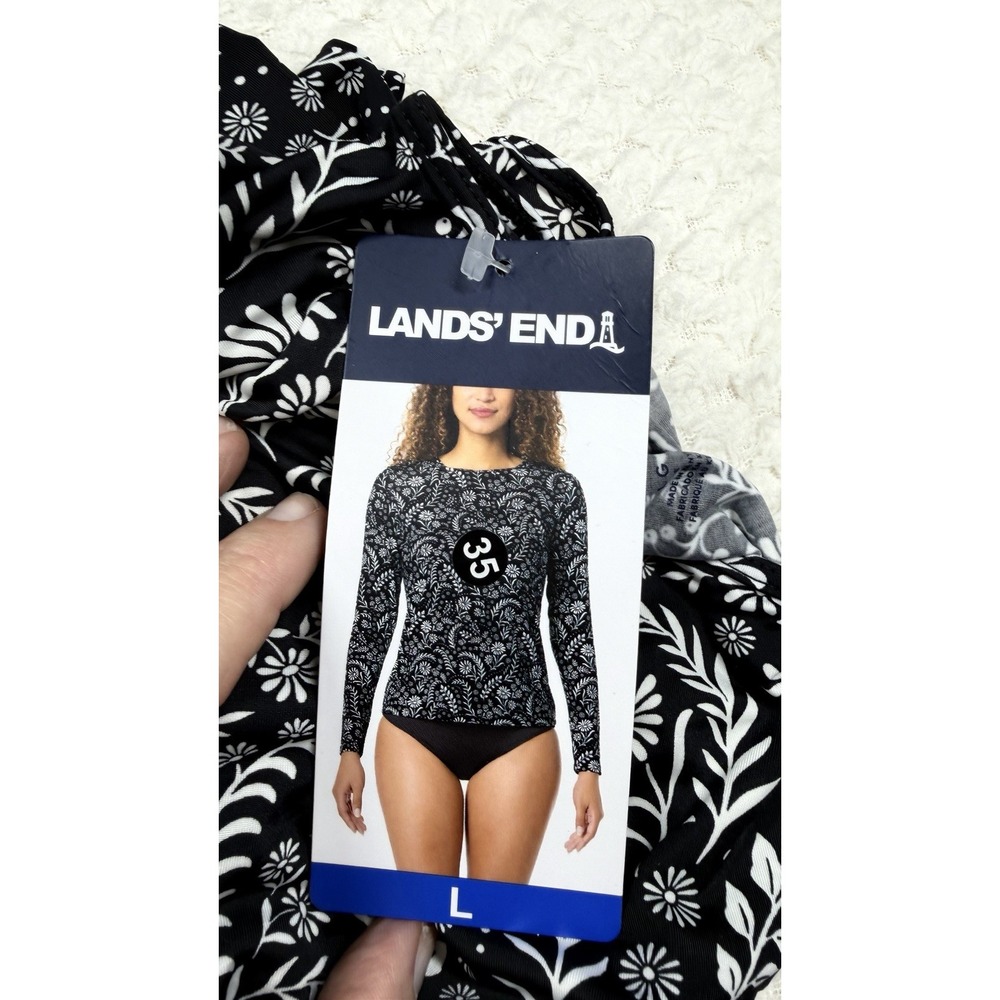 Lands End Swim Top Womens Large Black White Floral Long Sleeve Rash Guard
